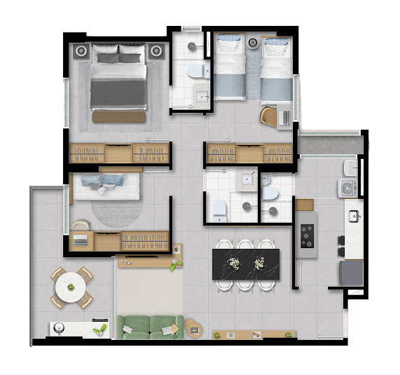 3 Quartos, sendo 1 Suíte | 80,6m² - Planta